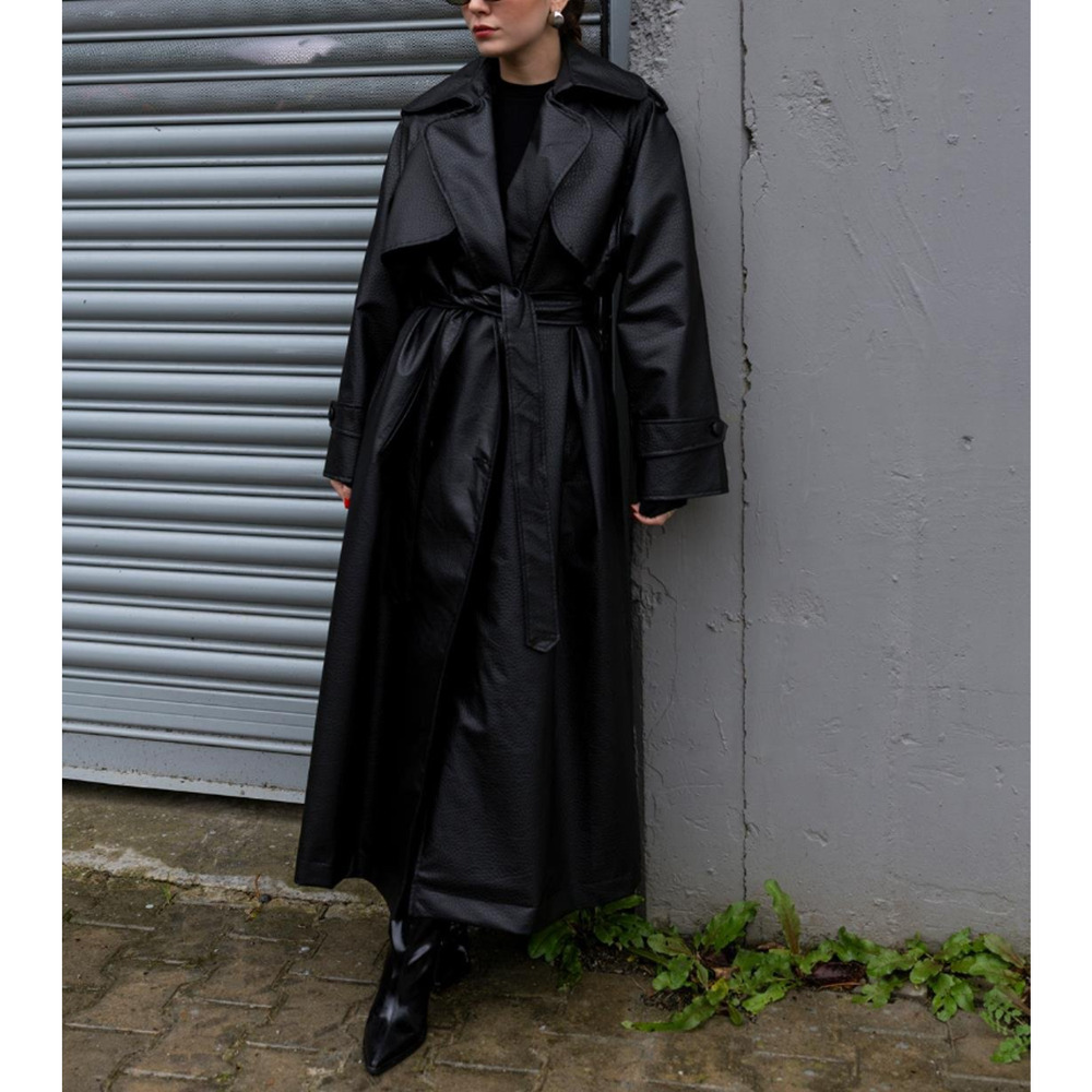 Black Faux Leather Trench Coat Long Belted Jacket Women Oversized Fall